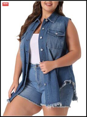 Women's Plus Size Denim Jean Jacket Vest Sleeveless Shacket Button Up Frayed Hem